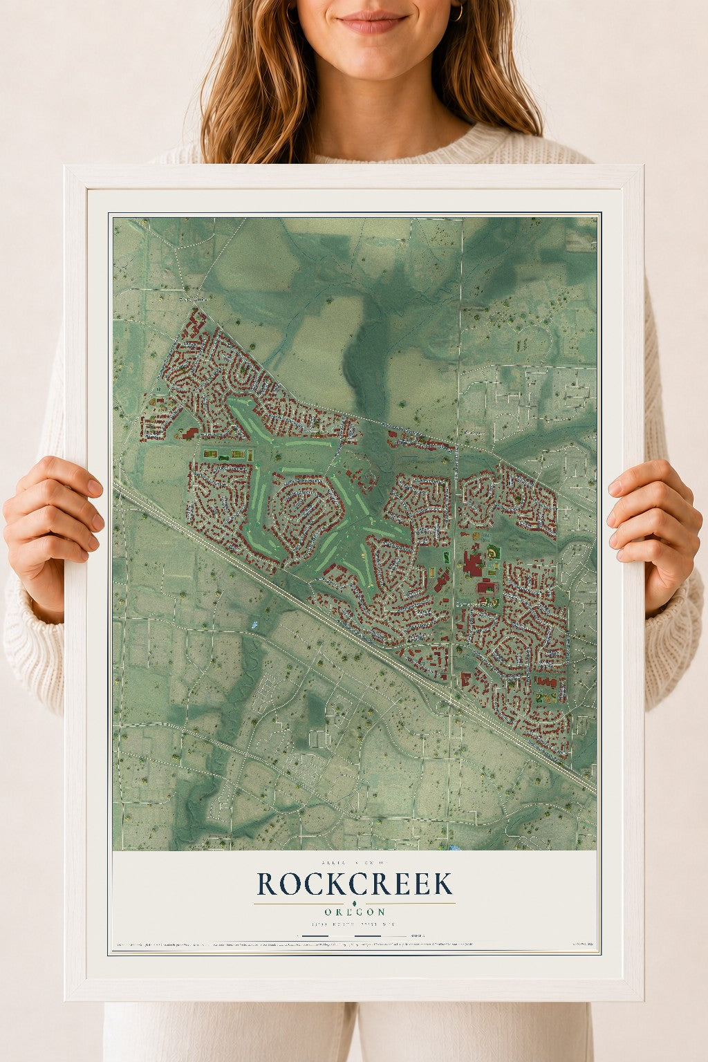 Map of Rockcreek, Oregon, 18 x 24 inch print in a white wood frame
