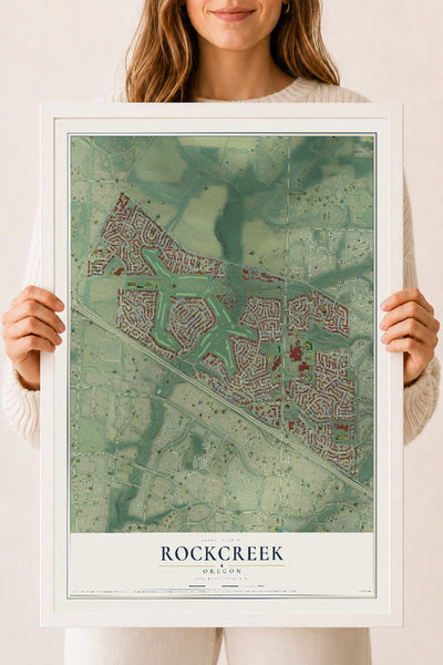 Map of Rockcreek, Oregon, 18 x 24 inch print in a white wood frame