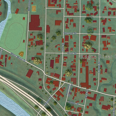 Close-up of the map of Rogue River, Oregon print showing street and building detail