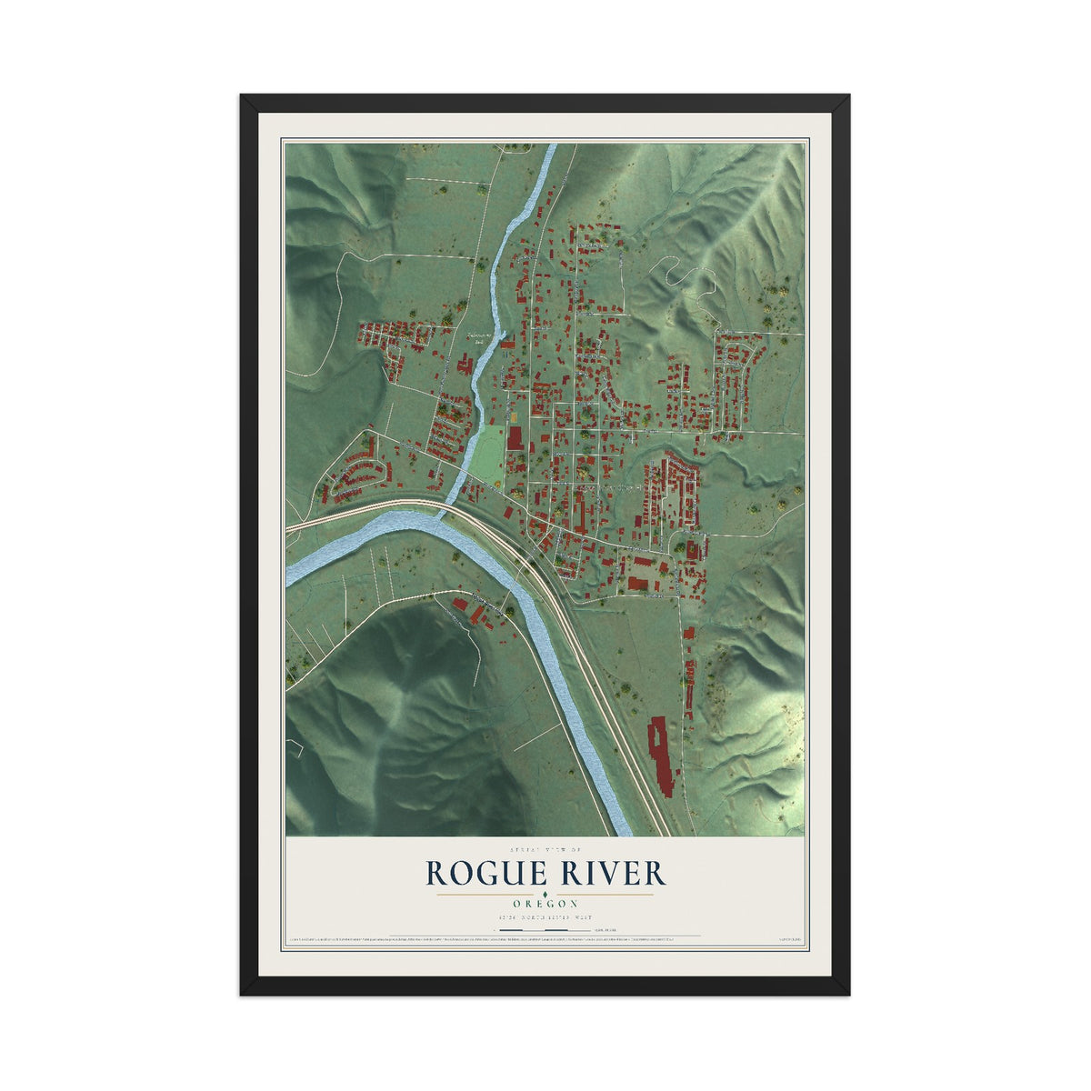 Map of Rogue River, Oregon, 12 x 18 inch print in a black wood frame