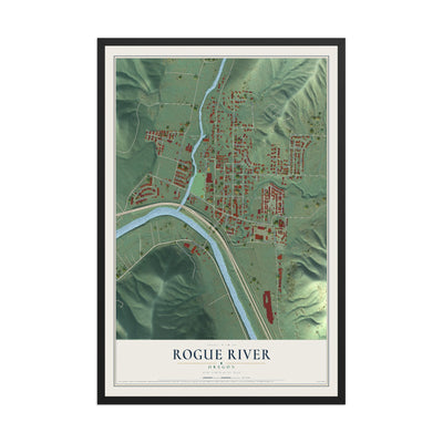 Map of Rogue River, Oregon, 12 x 18 inch print in a black wood frame