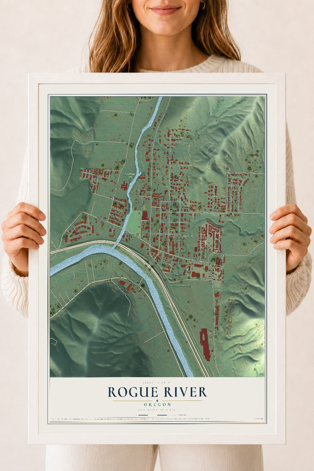 Map of Rogue River, Oregon, 18 x 24 inch print in a white wood frame