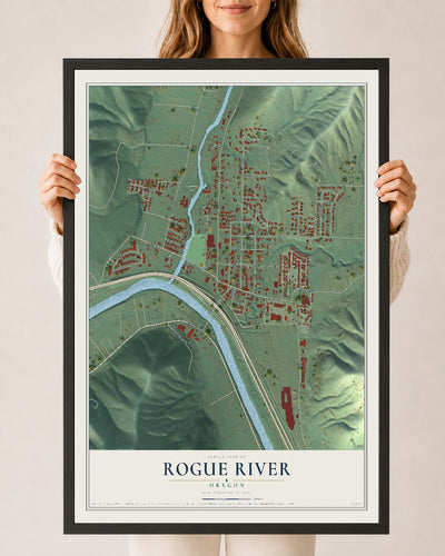 Map of Rogue River, Oregon, 24 x 36 inch print in a black wood frame