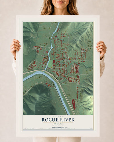 Map of Rogue River, Oregon, 24 x 36 inch print in a white wood frame