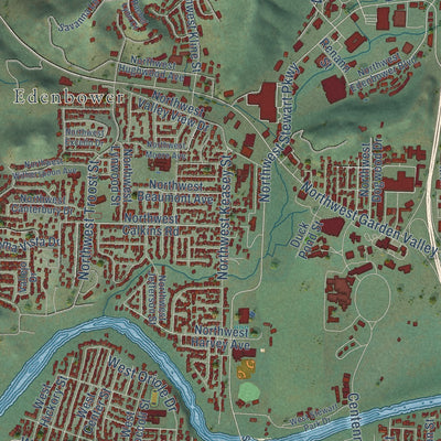 Close-up of the map of Roseburg, Oregon print showing street and building detail