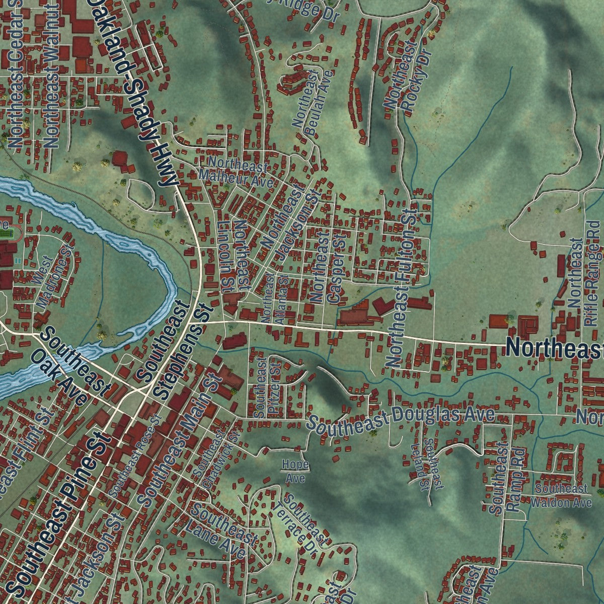 Second close-up of the map of Roseburg, Oregon print showing more streets and buildings