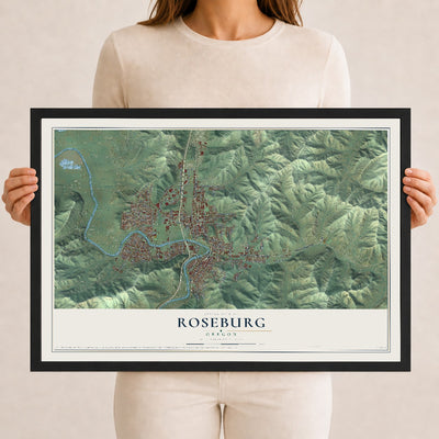 Map of Roseburg, Oregon, 12 x 18 inch print in a black wood frame