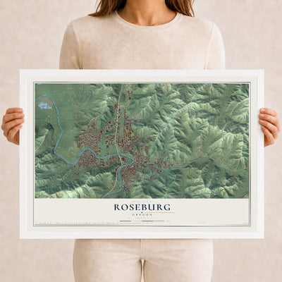 Map of Roseburg, Oregon, 12 x 18 inch print in a white wood frame