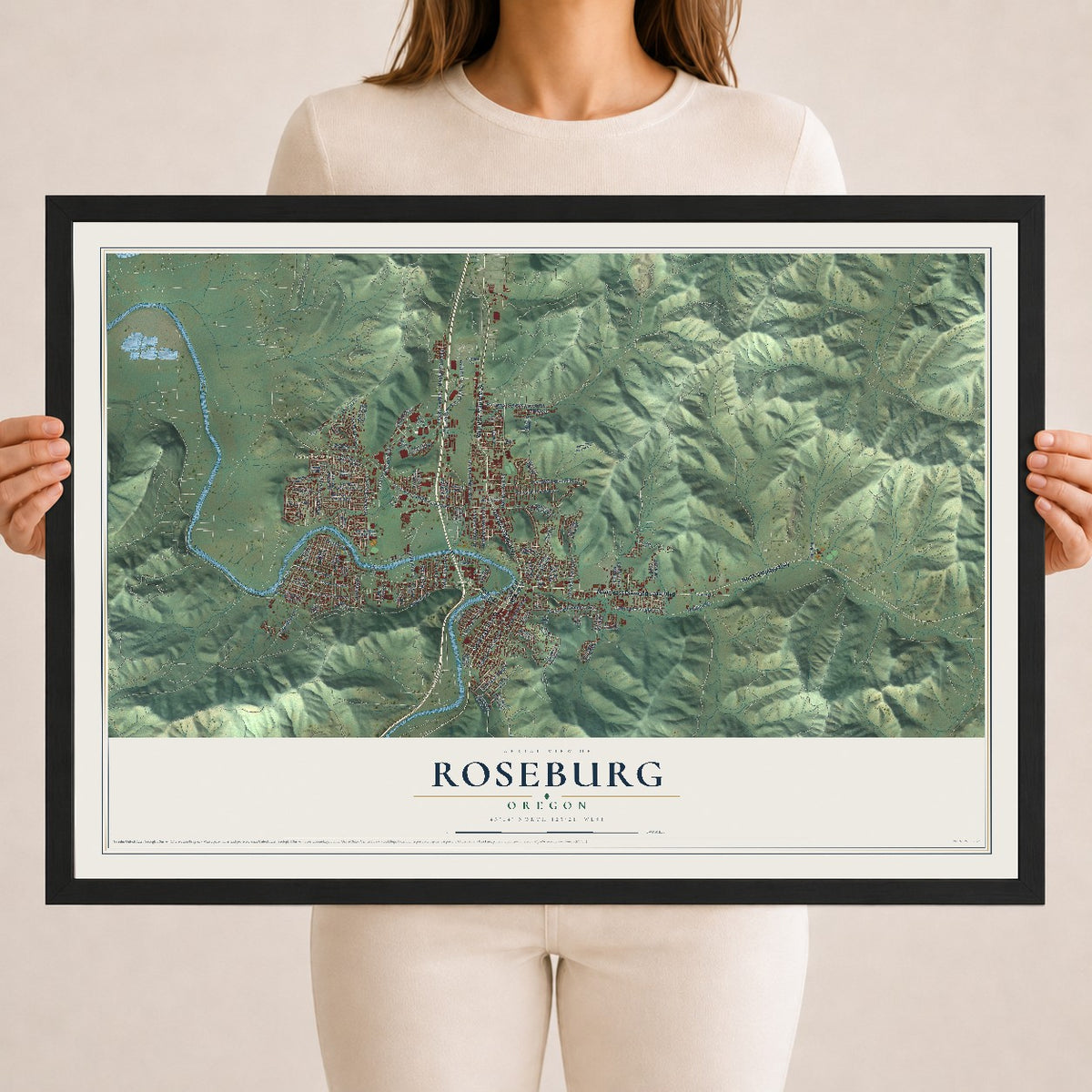 Map of Roseburg, Oregon, 18 x 24 inch print in a black wood frame