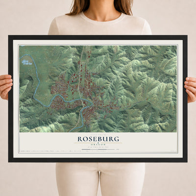Map of Roseburg, Oregon, 18 x 24 inch print in a black wood frame