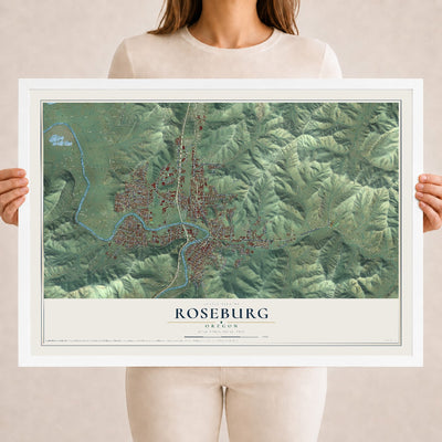 Map of Roseburg, Oregon, 18 x 24 inch print in a white wood frame