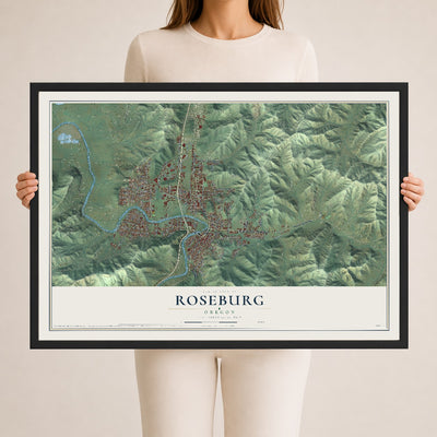 Map of Roseburg, Oregon, 24 x 36 inch print in a black wood frame