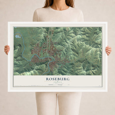 Map of Roseburg, Oregon, 24 x 36 inch print in a white wood frame