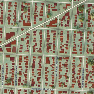 Close-up of the map of Roseway, Oregon print showing street and building detail