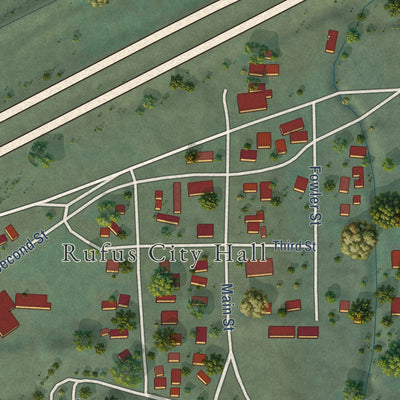 Close-up of the map of Rufus, Oregon print showing street and building detail