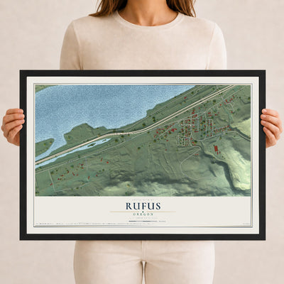Map of Rufus, Oregon, 12 x 18 inch print in a black wood frame