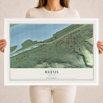 Map of Rufus, Oregon, 18 x 24 inch print in a white wood frame