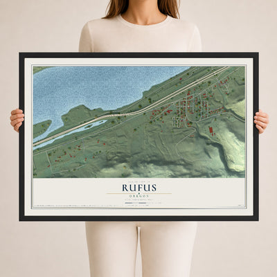 Map of Rufus, Oregon, 24 x 36 inch print in a black wood frame