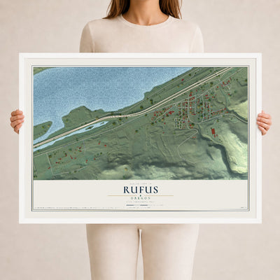 Map of Rufus, Oregon, 24 x 36 inch print in a white wood frame