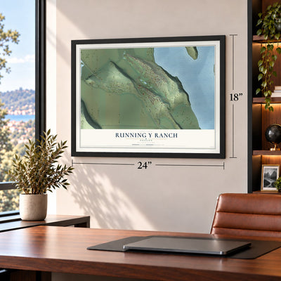 Running Y Ranch, Oregon map, 18 x 24 inch print in a black frame in a home office