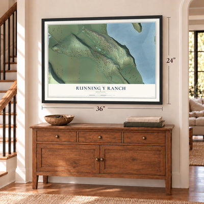 Running Y Ranch, Oregon map, 24 x 36 inch print in a black frame above a dresser by a staircase