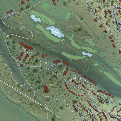 Close-up of the map of Running Y Ranch, Oregon print showing street and building detail