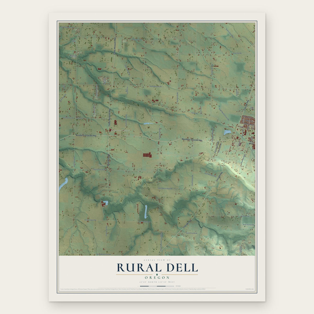 Rural Dell, Oregon map print, the full design