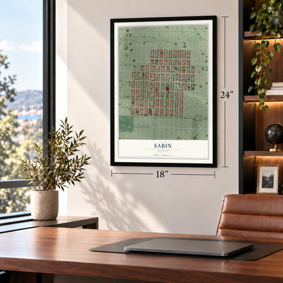 Sabin, Oregon map, 18 x 24 inch print in a black frame in a home office
