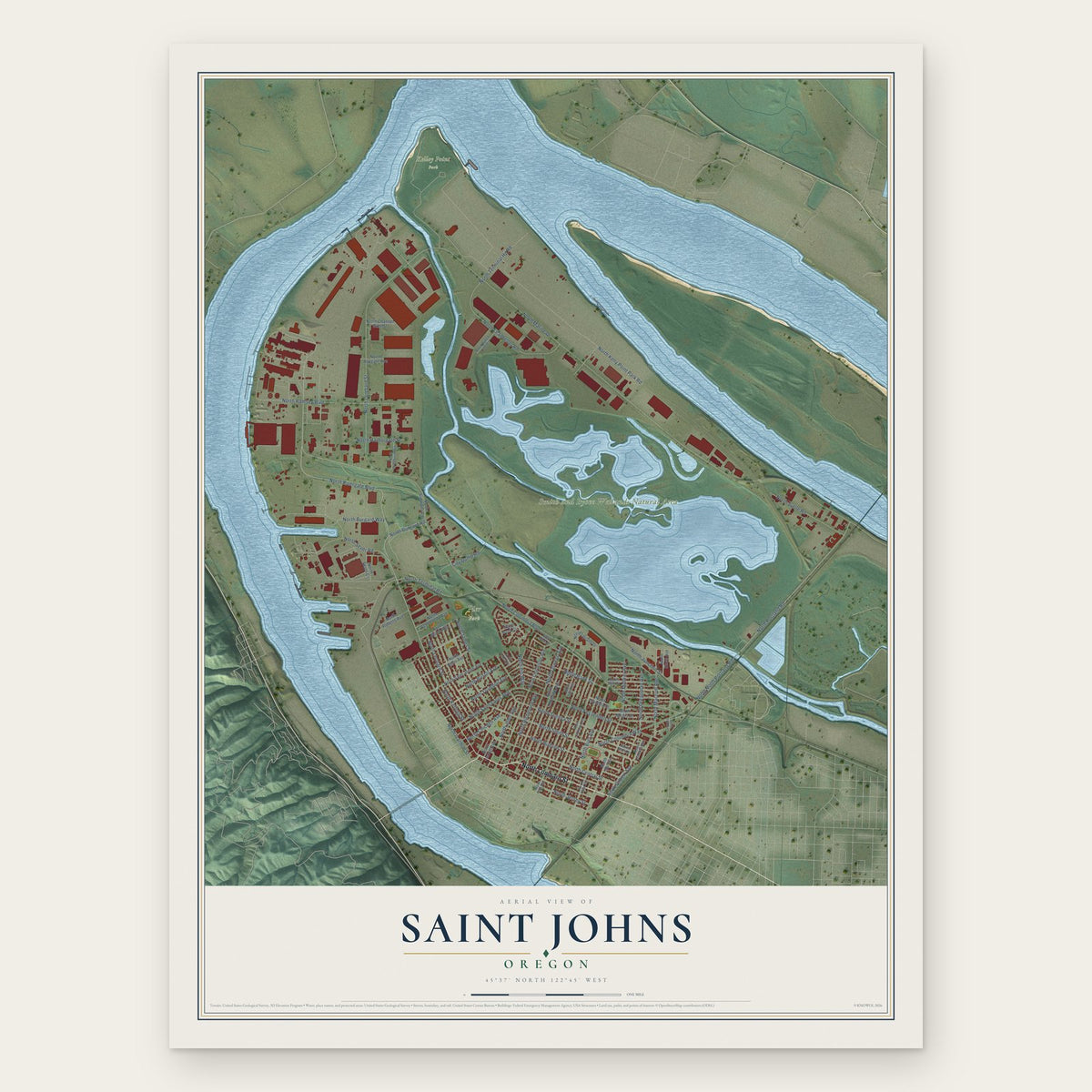 Saint Johns, Oregon map print, the full design