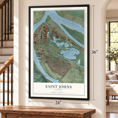 Saint Johns, Oregon map, 24 x 36 inch print in a black frame by a staircase