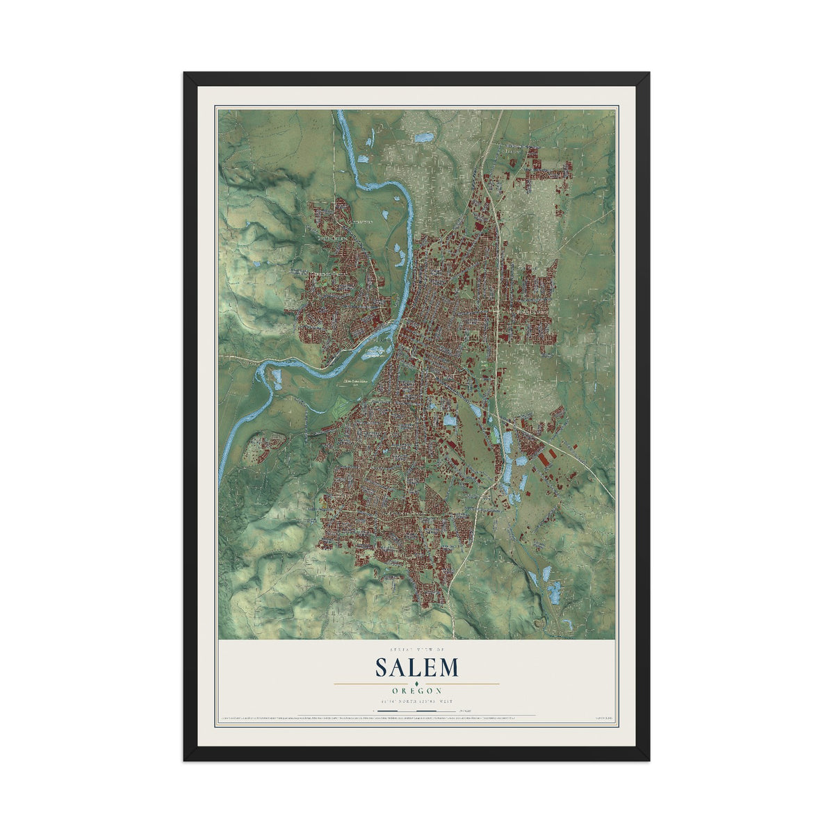 Map of Salem, Oregon, 12 x 18 inch print in a black wood frame