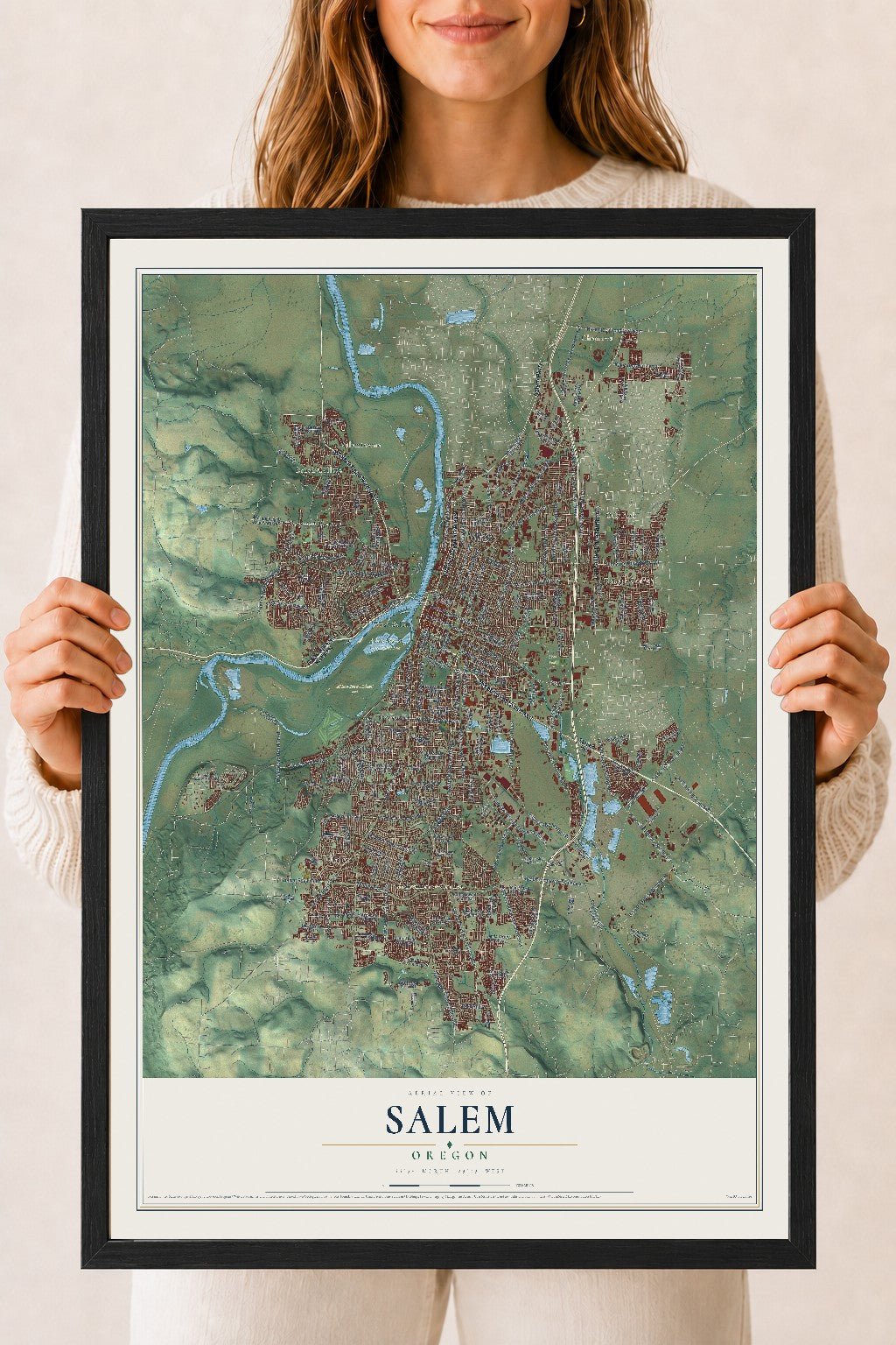 Map of Salem, Oregon, 18 x 24 inch print in a black wood frame