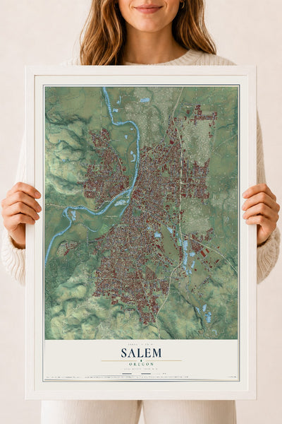 Map of Salem, Oregon, 18 x 24 inch print in a white wood frame