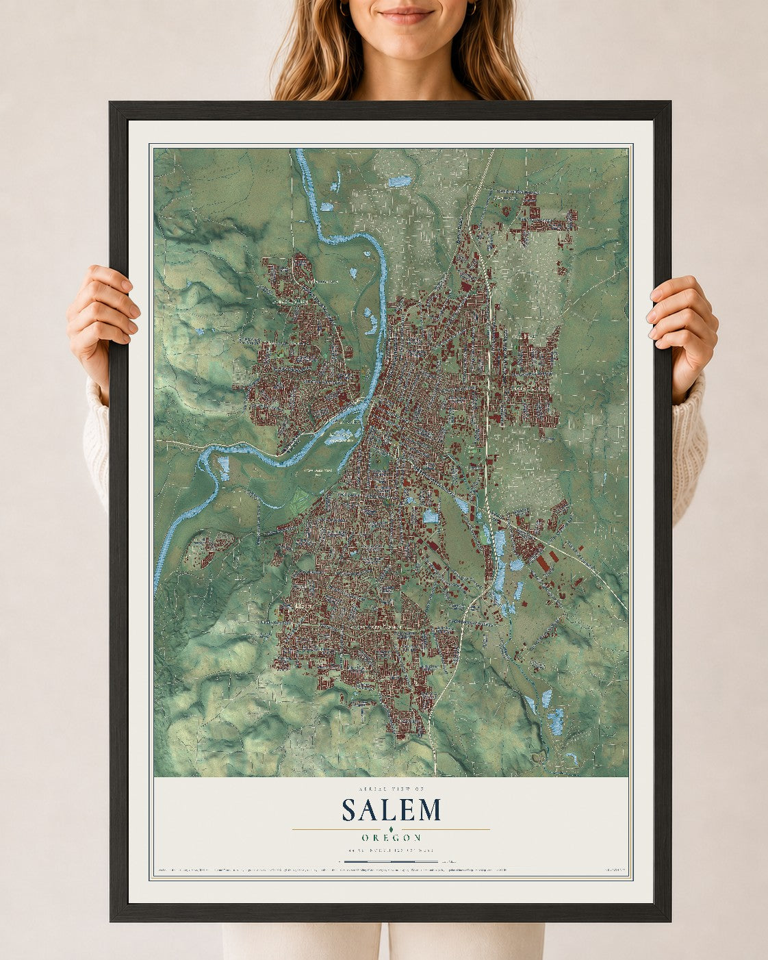 Map of Salem, Oregon, 24 x 36 inch print in a black wood frame