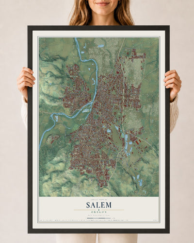 Map of Salem, Oregon, 24 x 36 inch print in a black wood frame