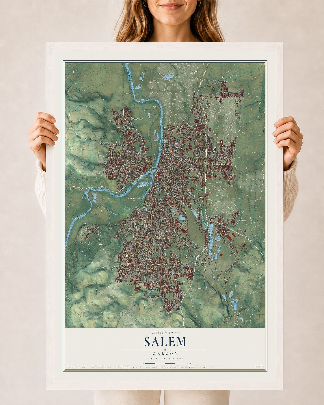 Map of Salem, Oregon, 24 x 36 inch print in a white wood frame