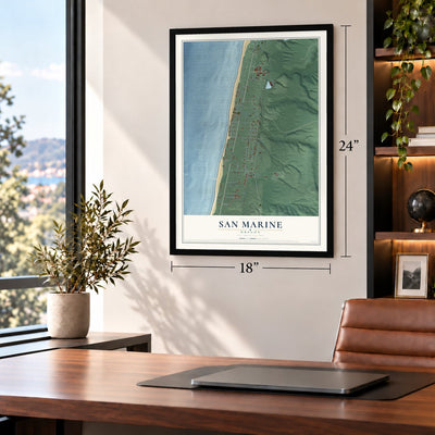 San Marine, Oregon map, 18 x 24 inch print in a black frame in a home office