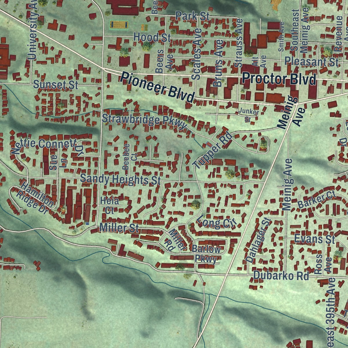 Close-up of the map of Sandy, Oregon print showing street and building detail