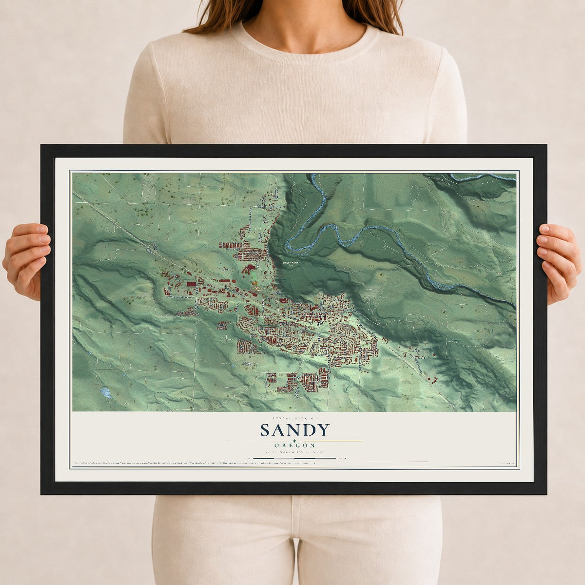 Map of Sandy, Oregon, 12 x 18 inch print in a black wood frame