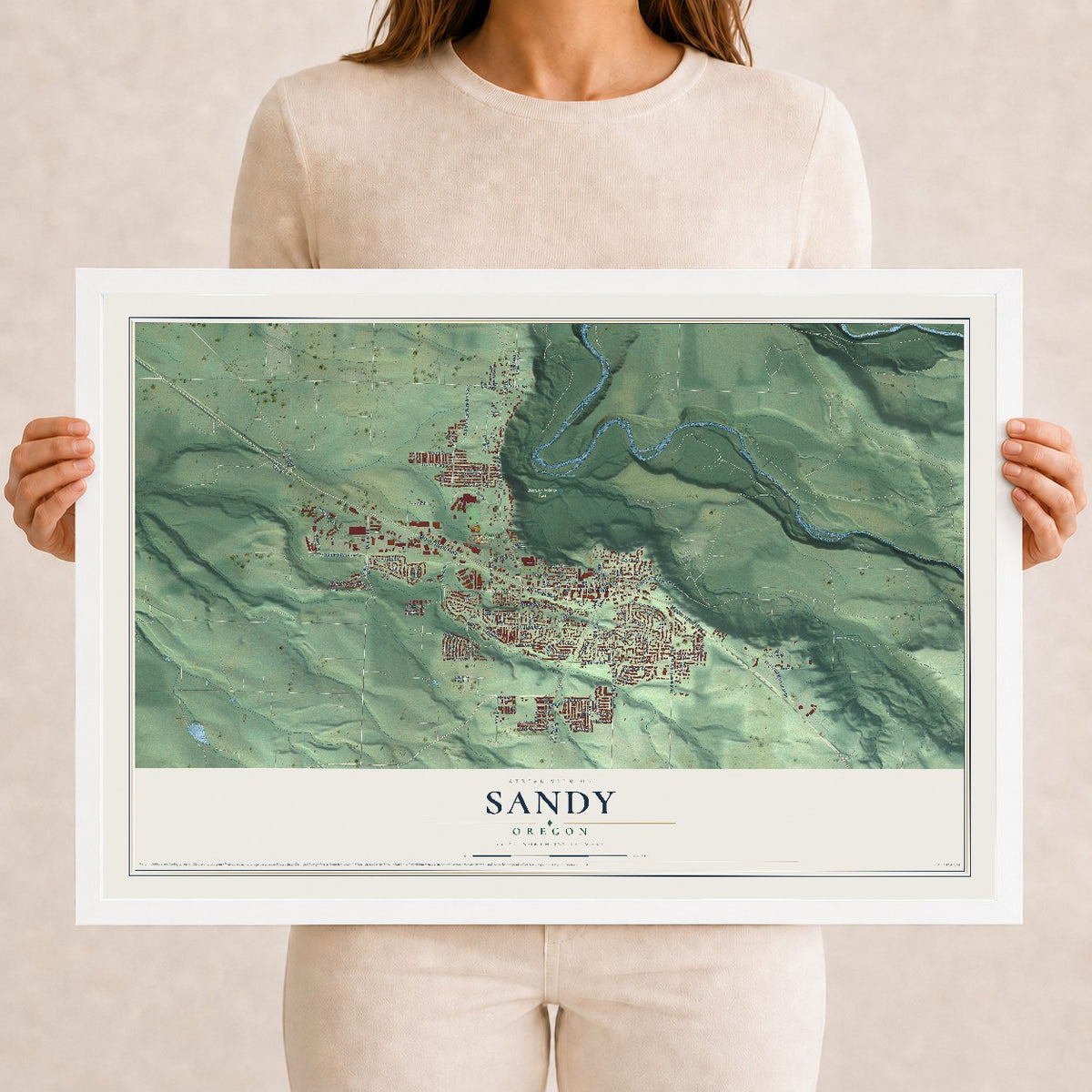 Map of Sandy, Oregon, 12 x 18 inch print in a white wood frame