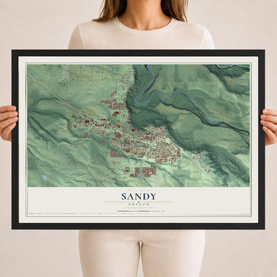 Map of Sandy, Oregon, 18 x 24 inch print in a black wood frame