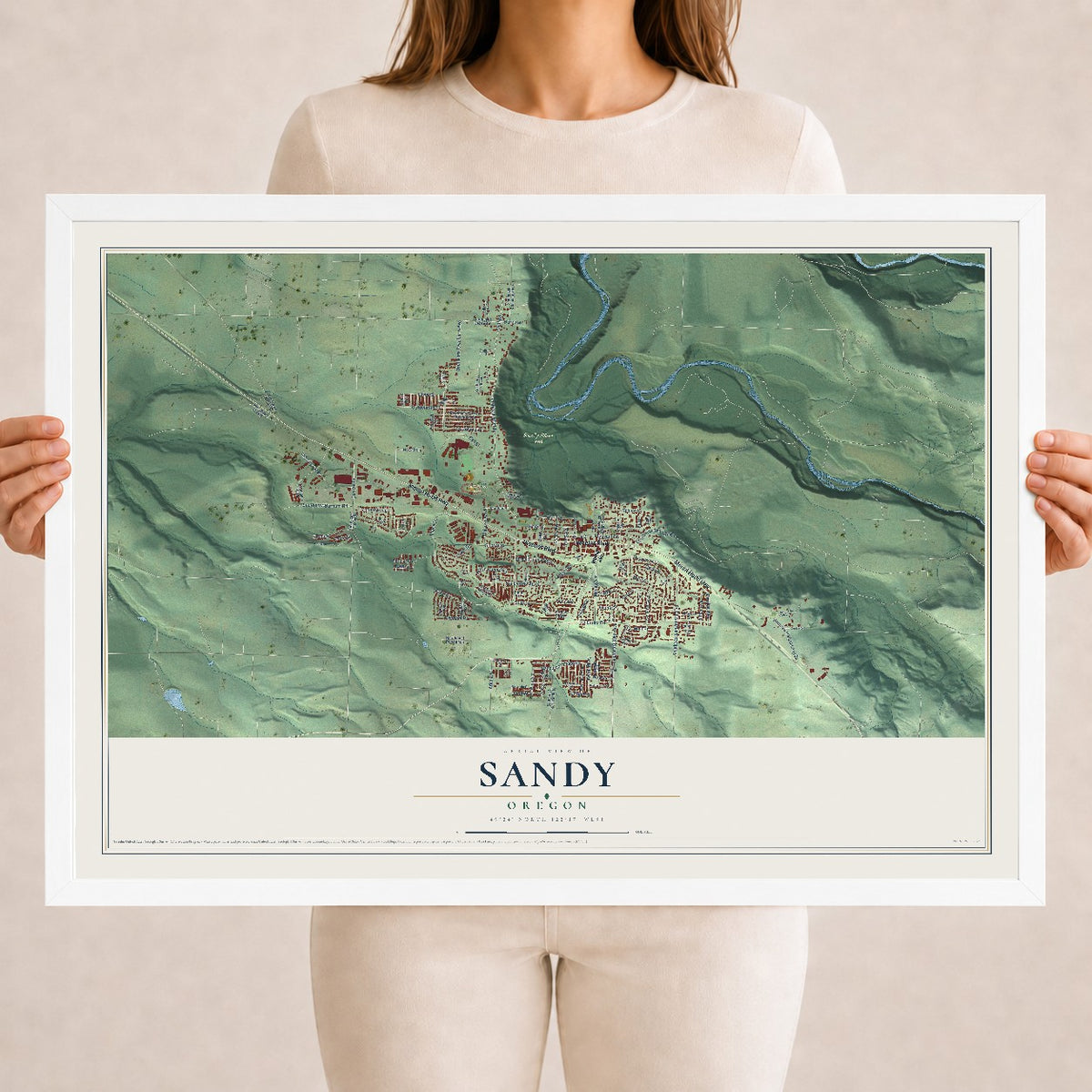 Map of Sandy, Oregon, 18 x 24 inch print in a white wood frame
