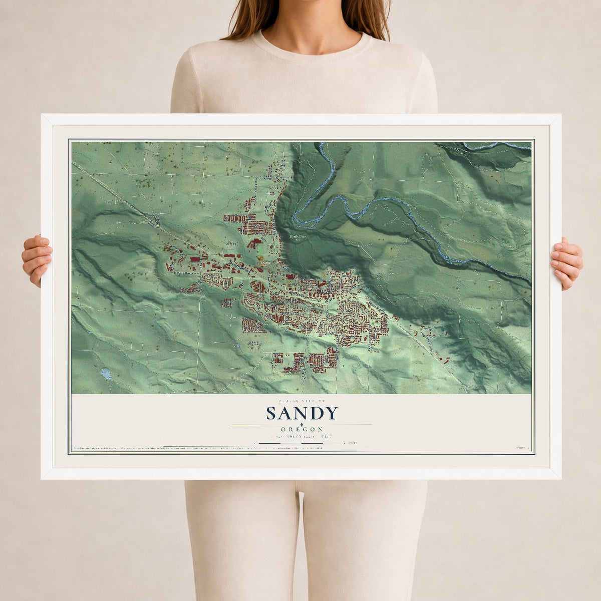 Map of Sandy, Oregon, 24 x 36 inch print in a white wood frame