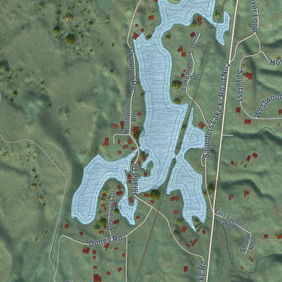 Close-up of the map of Saunders Lake, Oregon print showing street and building detail