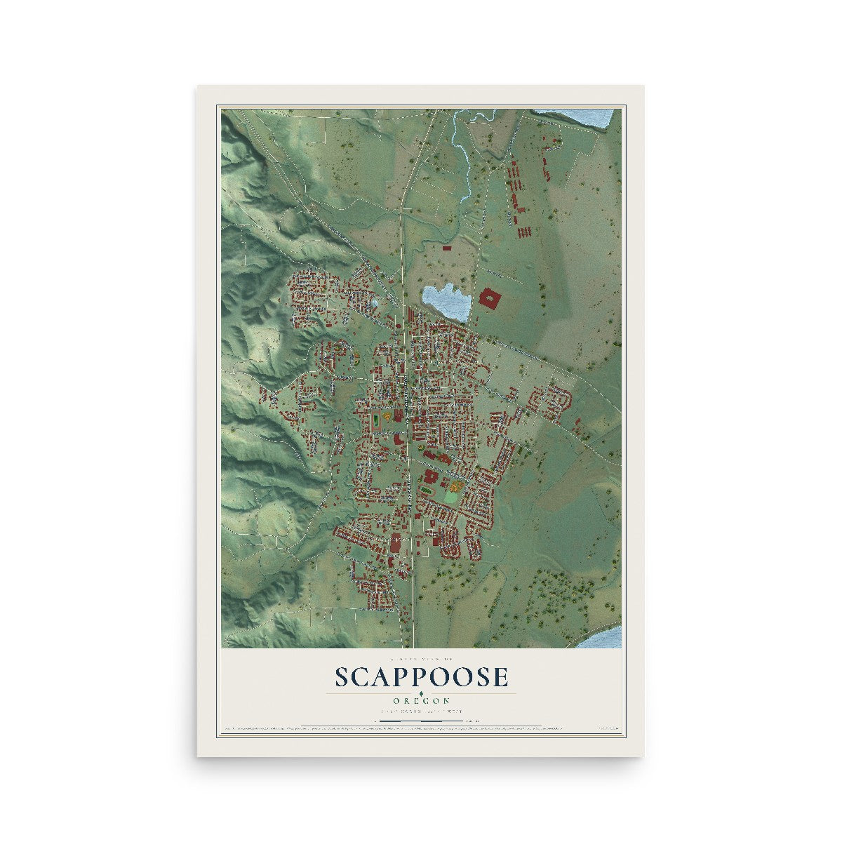 Map of Scappoose, Oregon, 12 x 18 inch unframed archival matte print