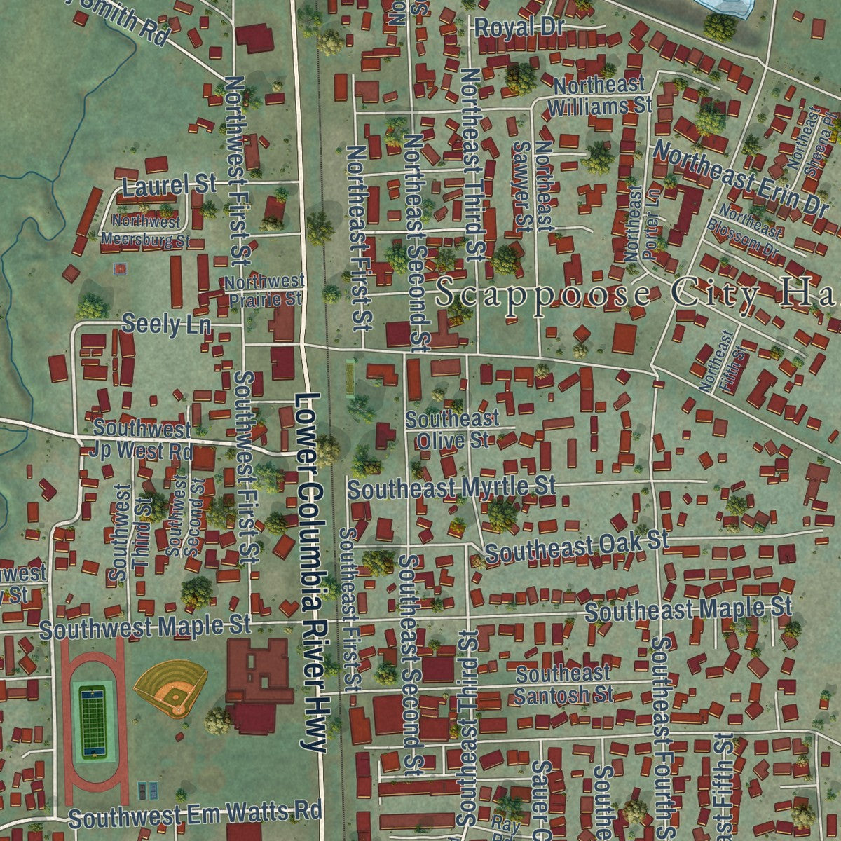 Close-up of the map of Scappoose, Oregon print showing street and building detail
