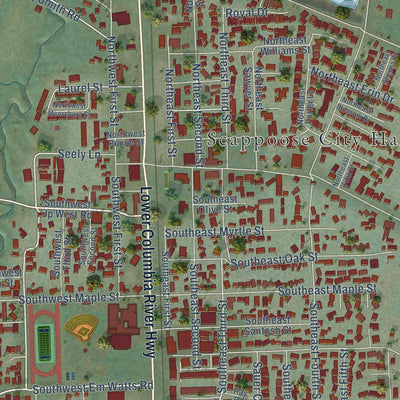 Close-up of the map of Scappoose, Oregon print showing street and building detail