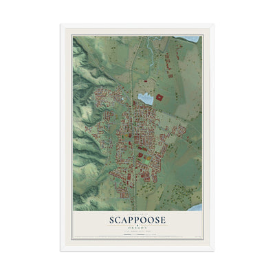 Map of Scappoose, Oregon, 12 x 18 inch print in a white wood frame