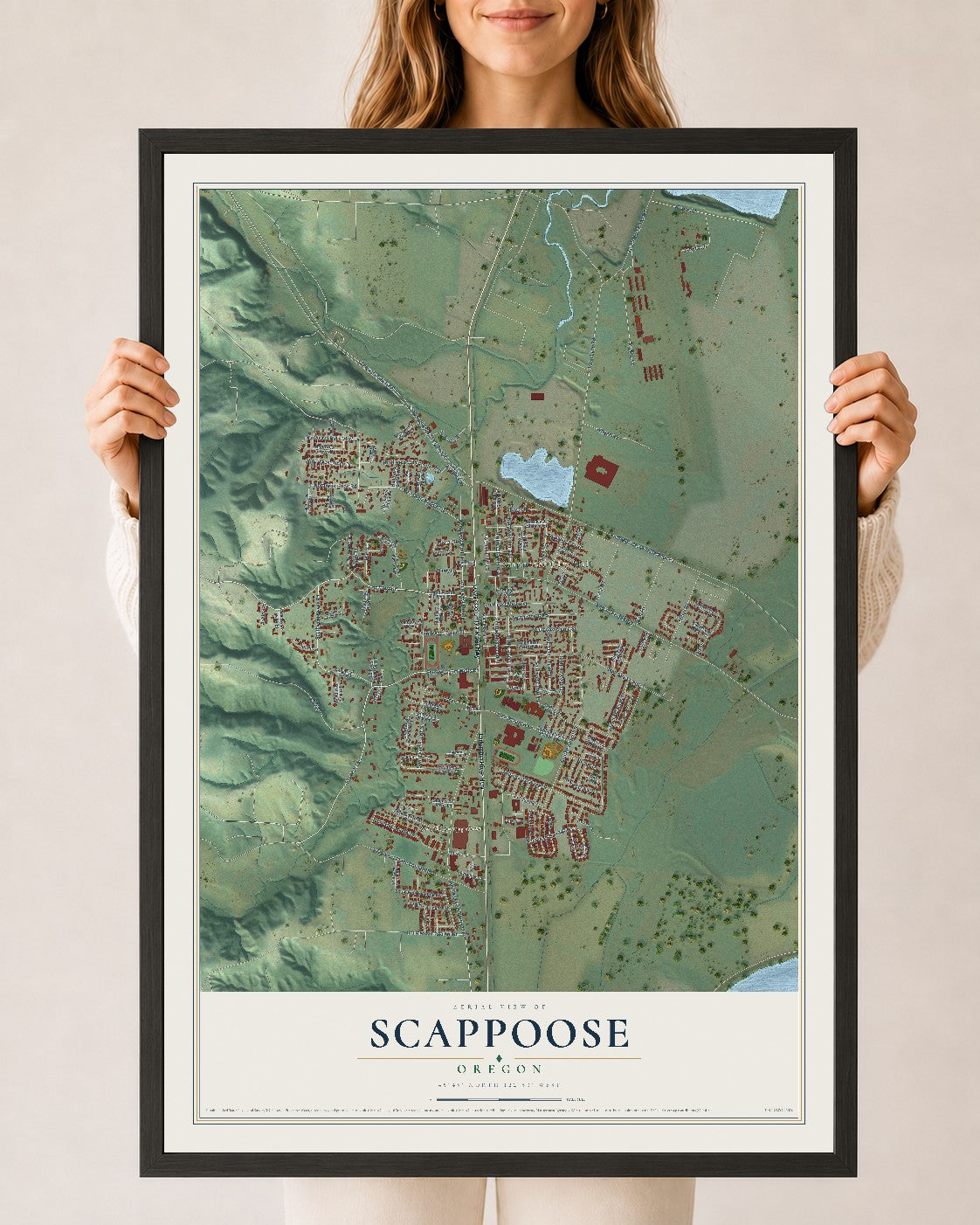 Map of Scappoose, Oregon, 24 x 36 inch print in a black wood frame