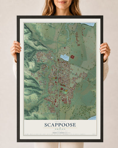 Map of Scappoose, Oregon, 24 x 36 inch print in a black wood frame